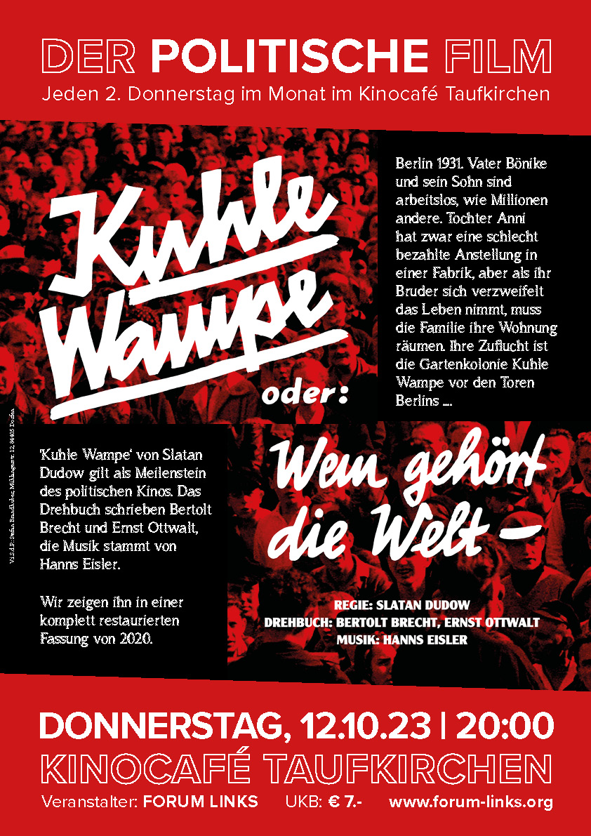 Filmplakat "Kuhle Wampe" 12.10.23 im Kinocafé Taufkirchen"