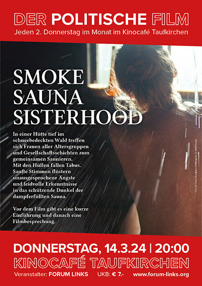 Filmplakat "Smoke Sauna Sisterhood" am 14.3.24 im Kinocafé Taufkirchen